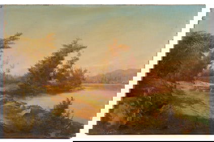 (19thc) HUDSON RIVER SCHOOL "LAUNCHING ROWBOATS"