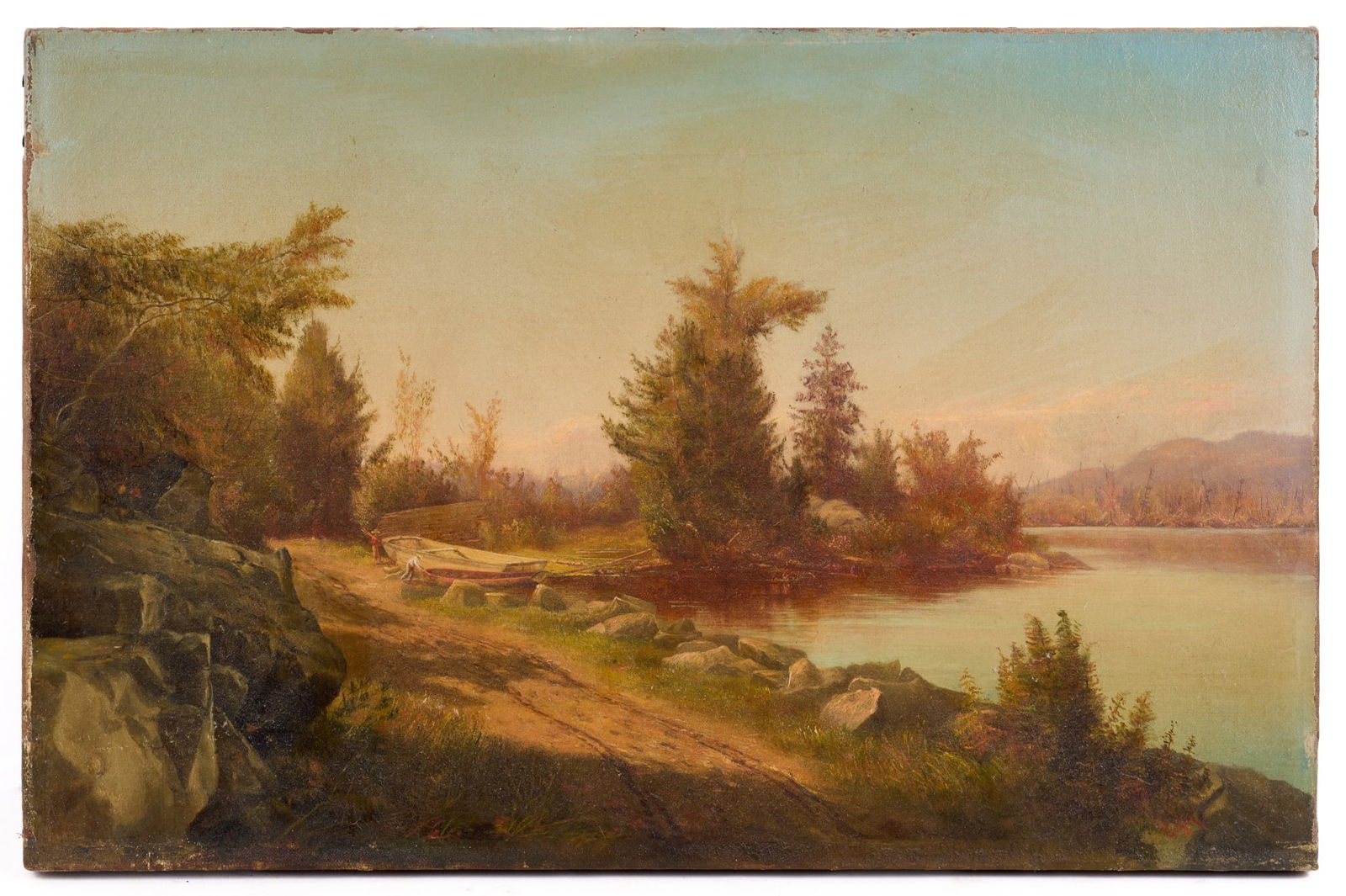 (19thc) HUDSON RIVER SCHOOL "LAUNCHING ROWBOATS" (1 of 11)