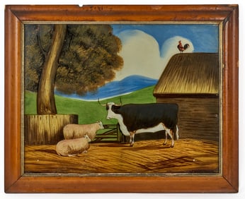 (19th c) REVERSE GLASS PAINTED FARMHOUSE SCENE