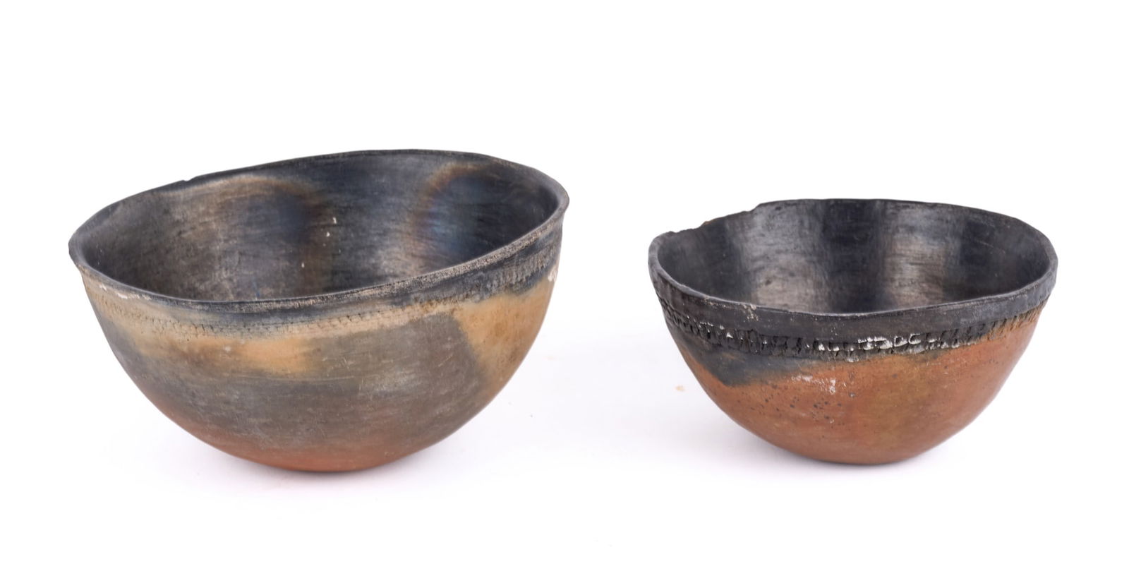 (2) SIMILAR NATIVE AMERICAN BOWLS: 3 1/2 x 7 1/2 inches and 3 x 6 inches Condition: Rim wear to each, other imperfections, see photographs Temp No 7876