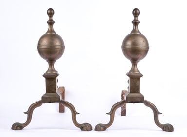 PAIR BRASS ANDIRONS attr. to R. WHITTINGHAM (NY)