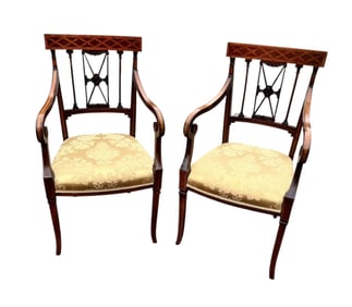 PAIR of CARVED & INLAID REGENCY ARMCHAIRS