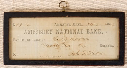 BANK CHECK FROM JOHN G. WHITTIER to LUCY LARCOM