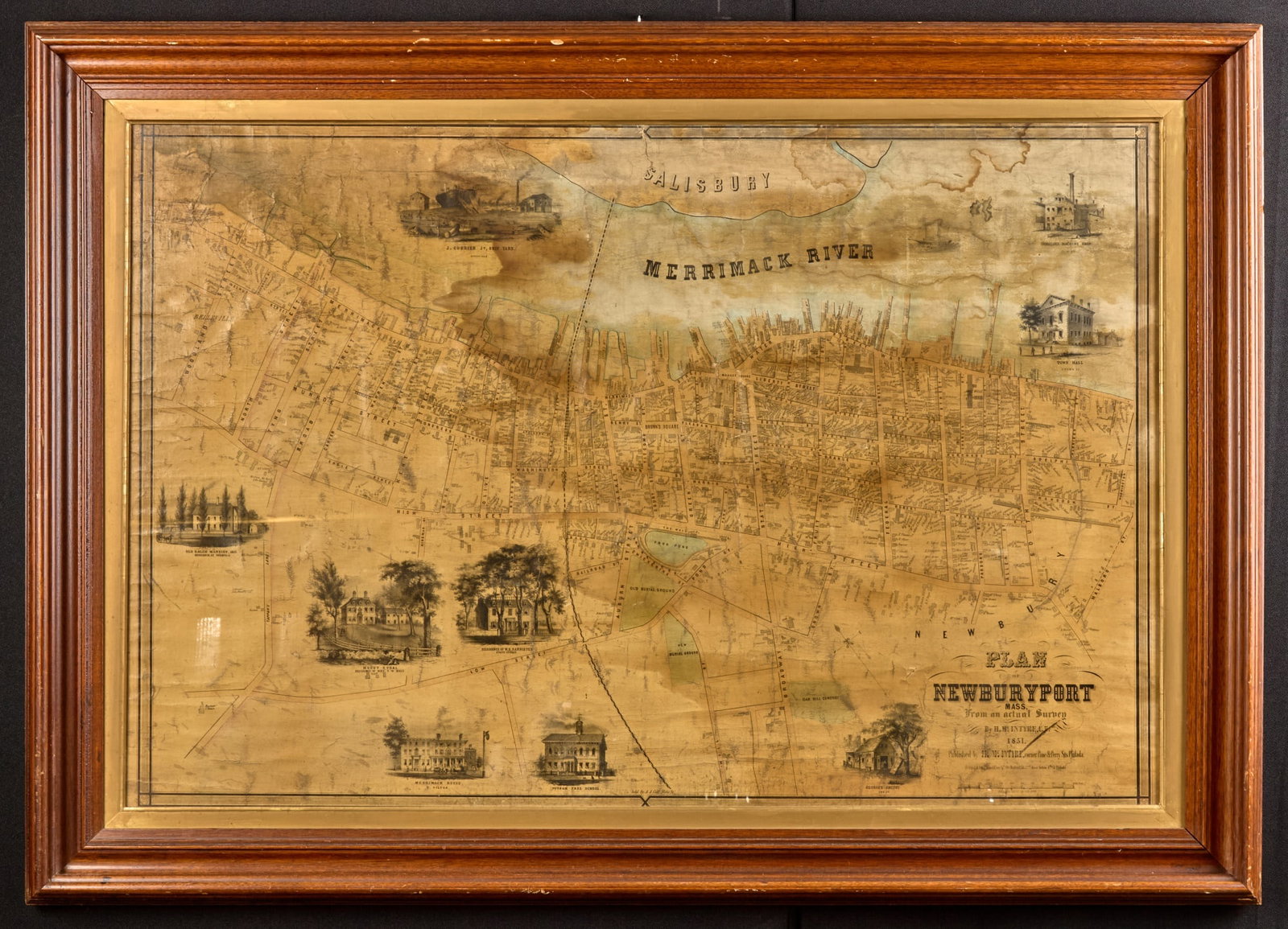 1851 PLAN of NEWBURYPORT MA by H. McIntyre: Displaying streets, houses and commercial buildings. Together with a variety of vignettes of local homes and industries. framed 33 x 46 inches (overall including frame) Condition: Tide lines, toning