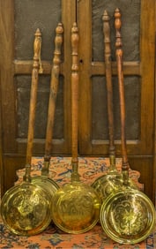 (5) GRAIN PAINTED (19thc) BRASS BED WARMERS
