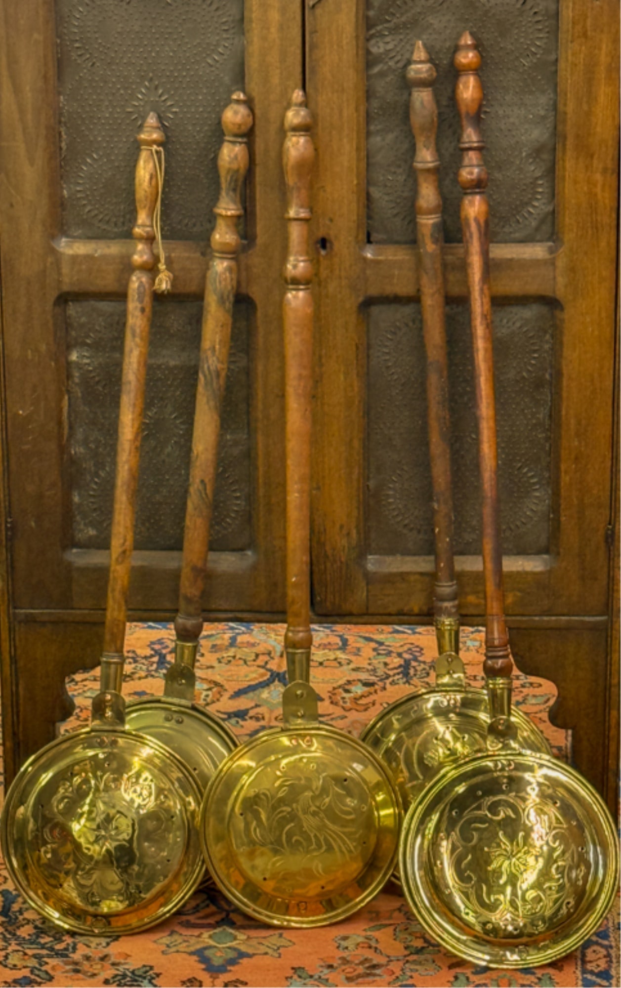 (5) GRAIN PAINTED (19thc) BRASS BED WARMERS (1 of 9)