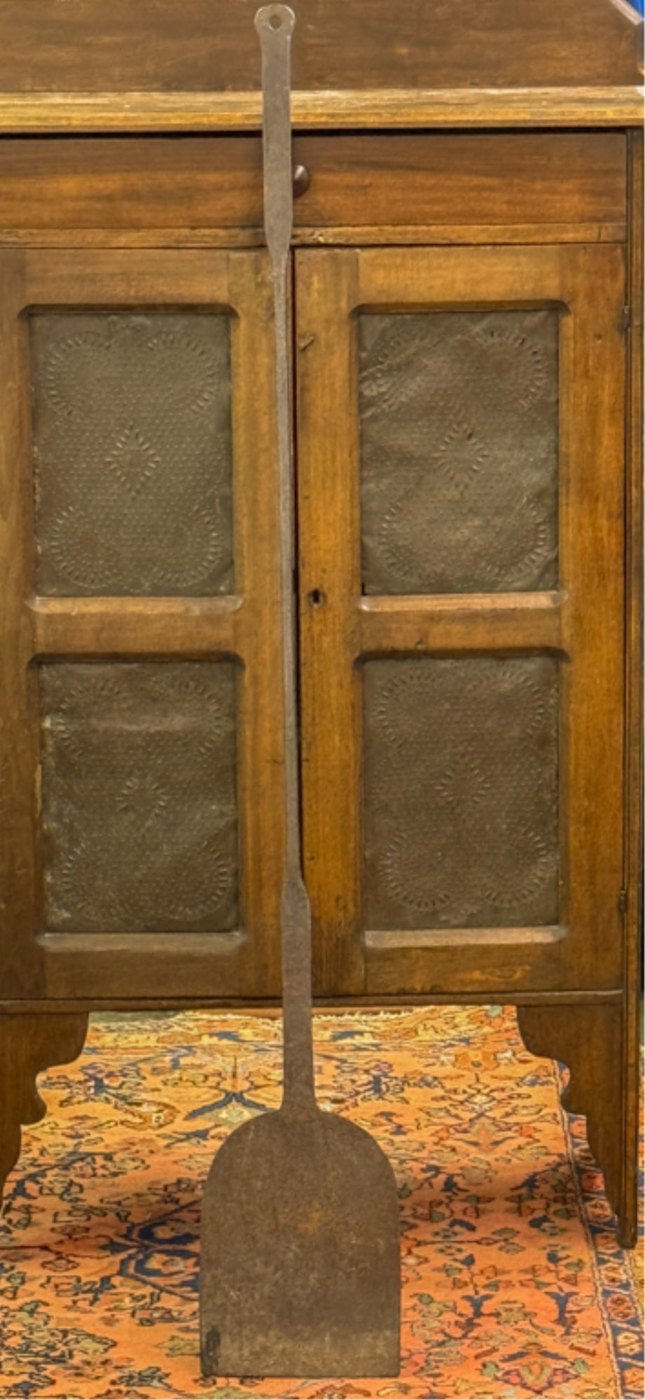 52 1/2 INCH WROUGHT IRON HEARTH PEEL: Purchased for $675.33. 9 inch blade. Condition: Good. Wear to blade, oxidation, etc. See photos.