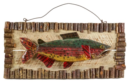 VINTAGE CARVED & PAINTED PLAQUE of a RAINBOW TROUT