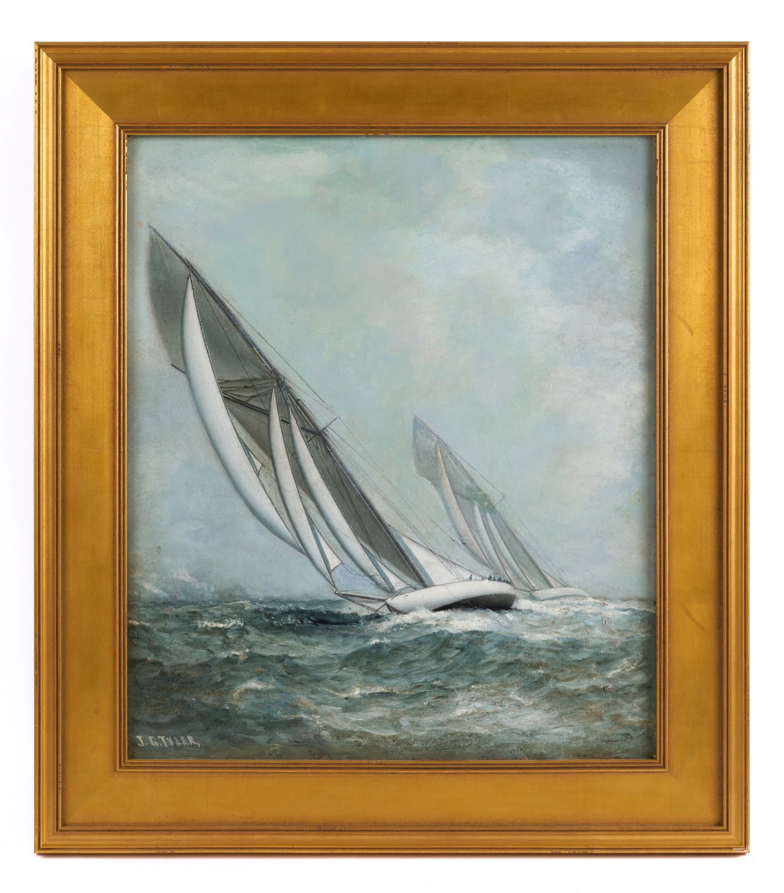 JAMES GALE TYLER (1855-1931): Racing Schooners. oil on canvas 20 x 17 inches. signed. framed 25 1/2 x 22 1/2 inches Condition: Lined, tenting, craquelure, repair to tear in sky, inpaint Temp No 8160