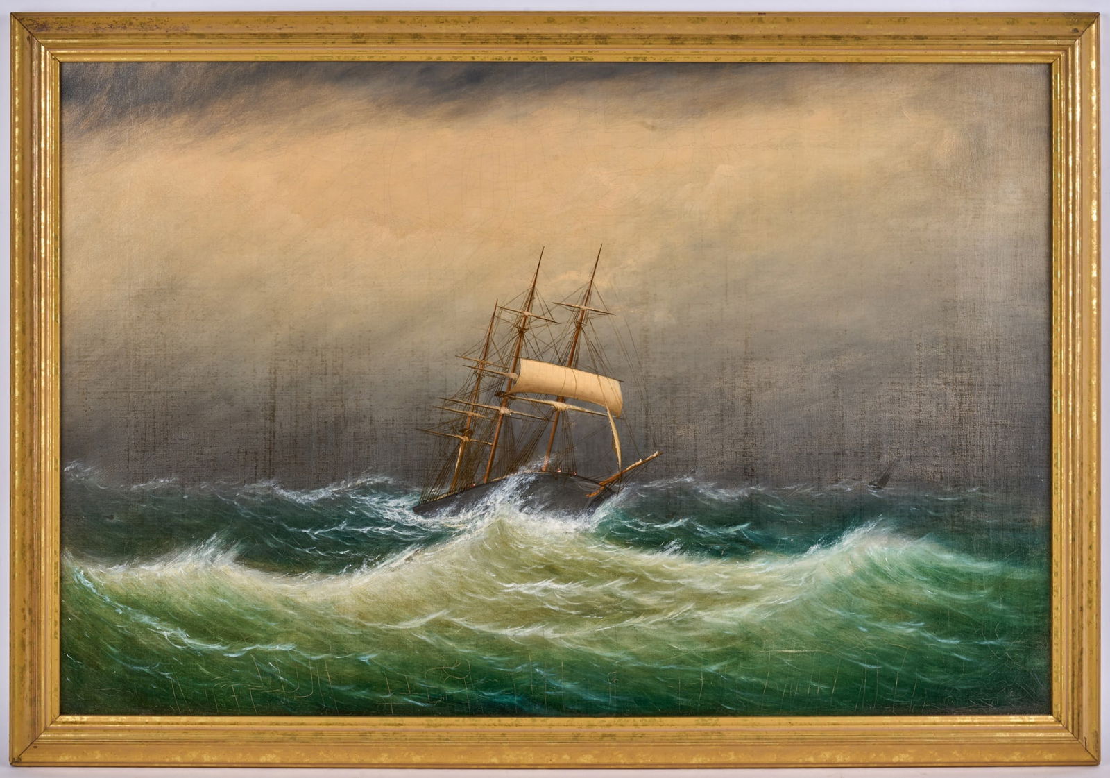 CLEMENT DREW (1808-1889): "Ship Scudding", oil on canvas 20 x 30 inches, signed & titled verso (photograph of signature taped verso by framer). 22 1/2 x 32 1/2 inches overall. Condition: Relined, craquelure. Please see photos.