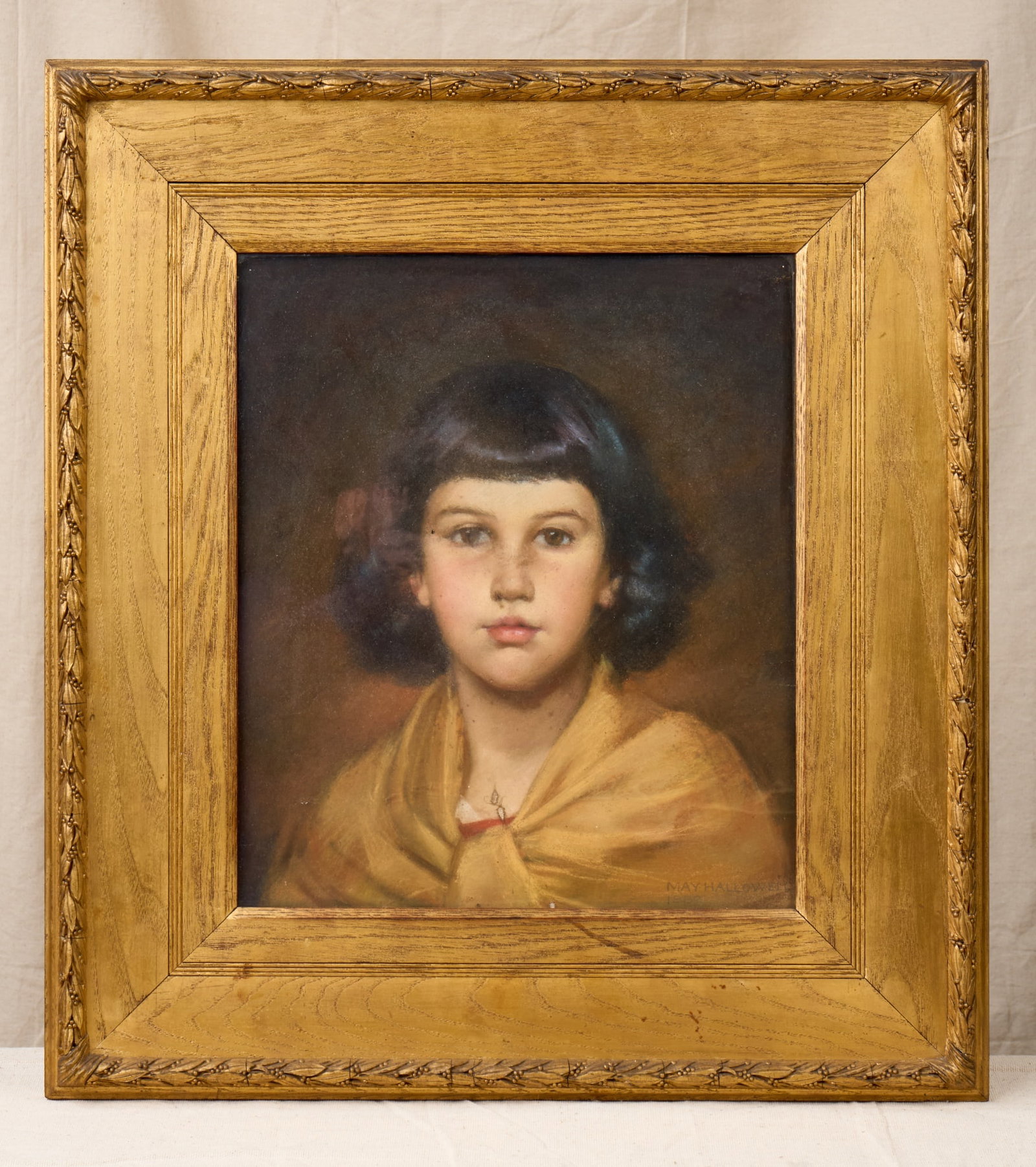 MAY HALLOWELL (1860-1916): "Portrait of a Young Girl" pastel 17 x 14.5 inches. signed. presented in its original gilt oak frame. 27 x 24.5 inches (overall) Condition: Pigment displacement and insects on back of glass Temp No 76