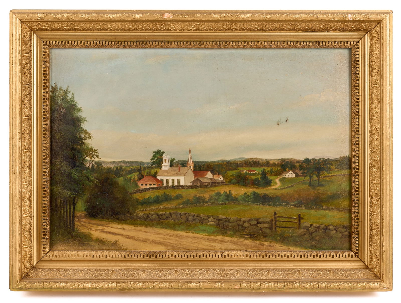 AMERICAN SCHOOL (19th c): Rural Village. oil on board 12 x 18 inches. unsigned. framed 16 x 22 inches (overall) Condition: (2) Small blemishes to sky and minor paint loss Temp No 7946