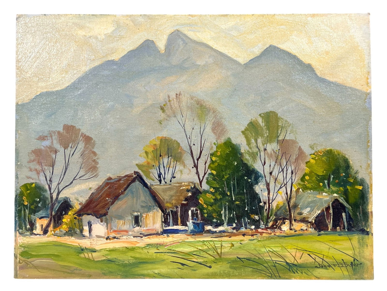 JOHN F. ENSER (1898-1968): Rural Houses with Mountainous Backdrop. oil on canvas board 12 x 16 inches. signed. unframed Condition: Good Temp No 8497Vose