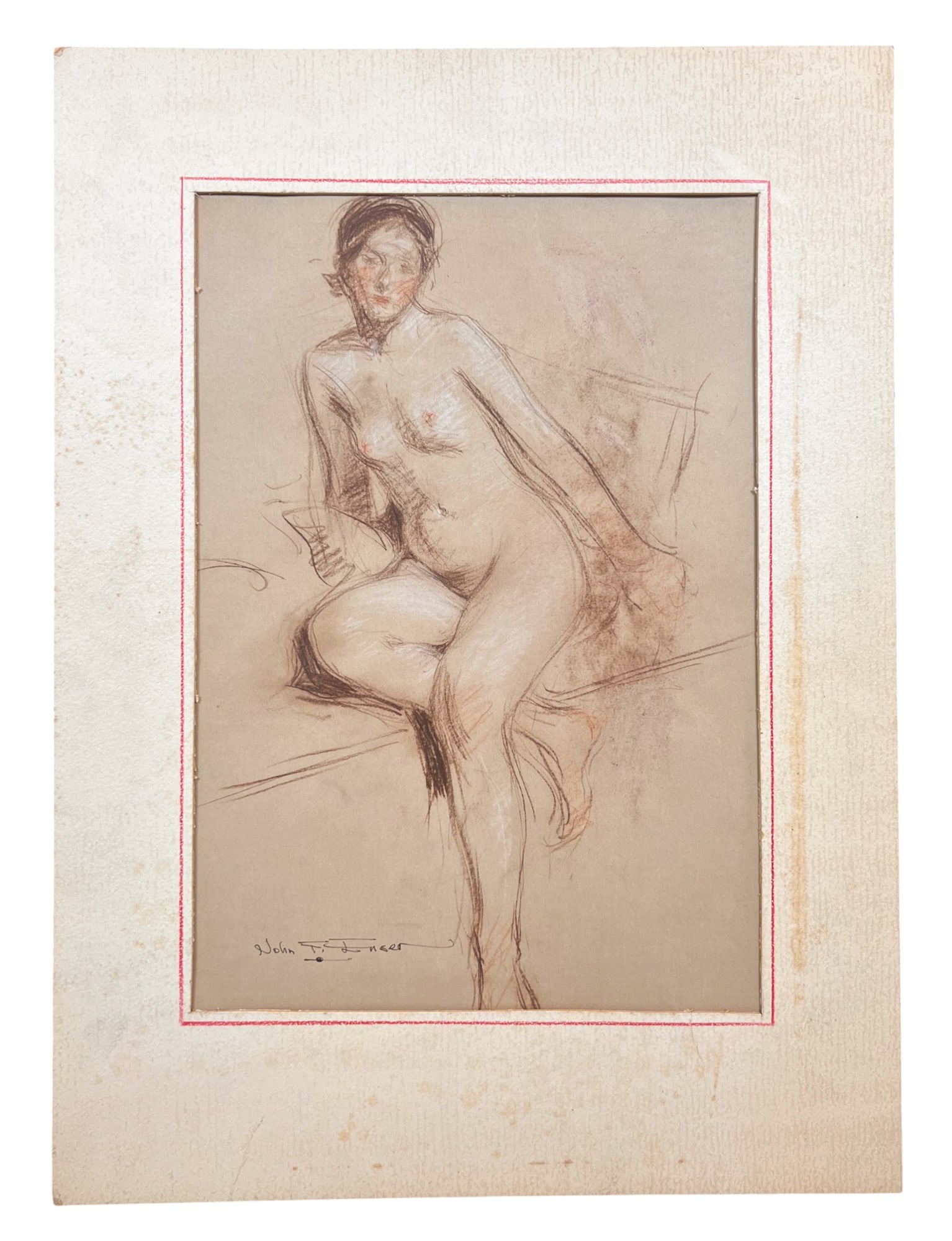 JOHN F. ENSER (1898-1968): "Reposing" conti crayon and chalk. 13 1/2 x 9 1/2 inches. signed. matted 19 x 14 inches (overall). Exhibited: Salmagundi Club 1951. Condition: Pigment displacement Temp No 8504Vose