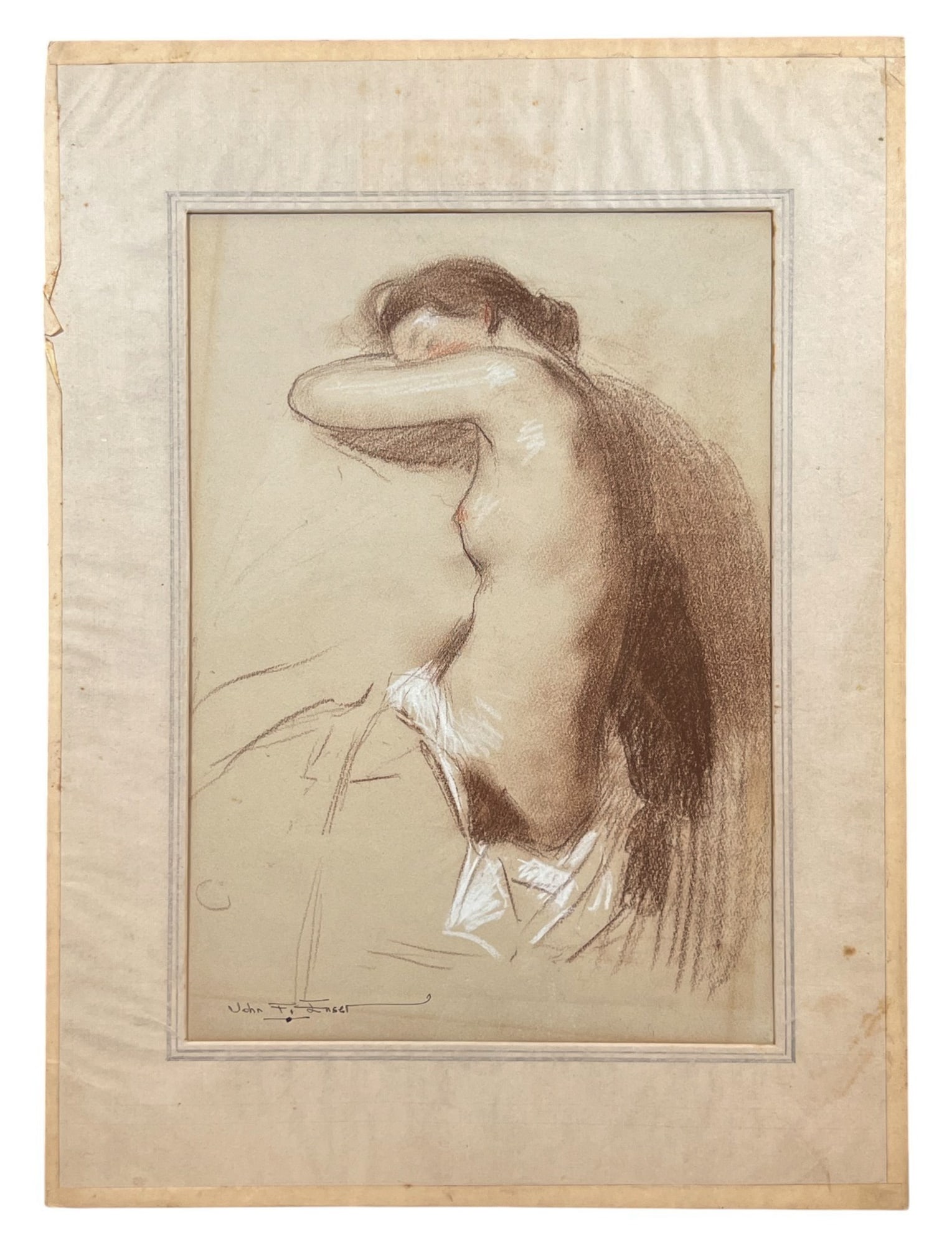 JOHN F. ENSER (1898-1968): "The Awakening" conti crayon and chalk. 13 1/2 x 9 1/2 inches. signed. matted 19 x 14 inches (overall). Exhibited: Salmagundi Club 1951. Condition: Pigment displacement Temp No 8505Vose