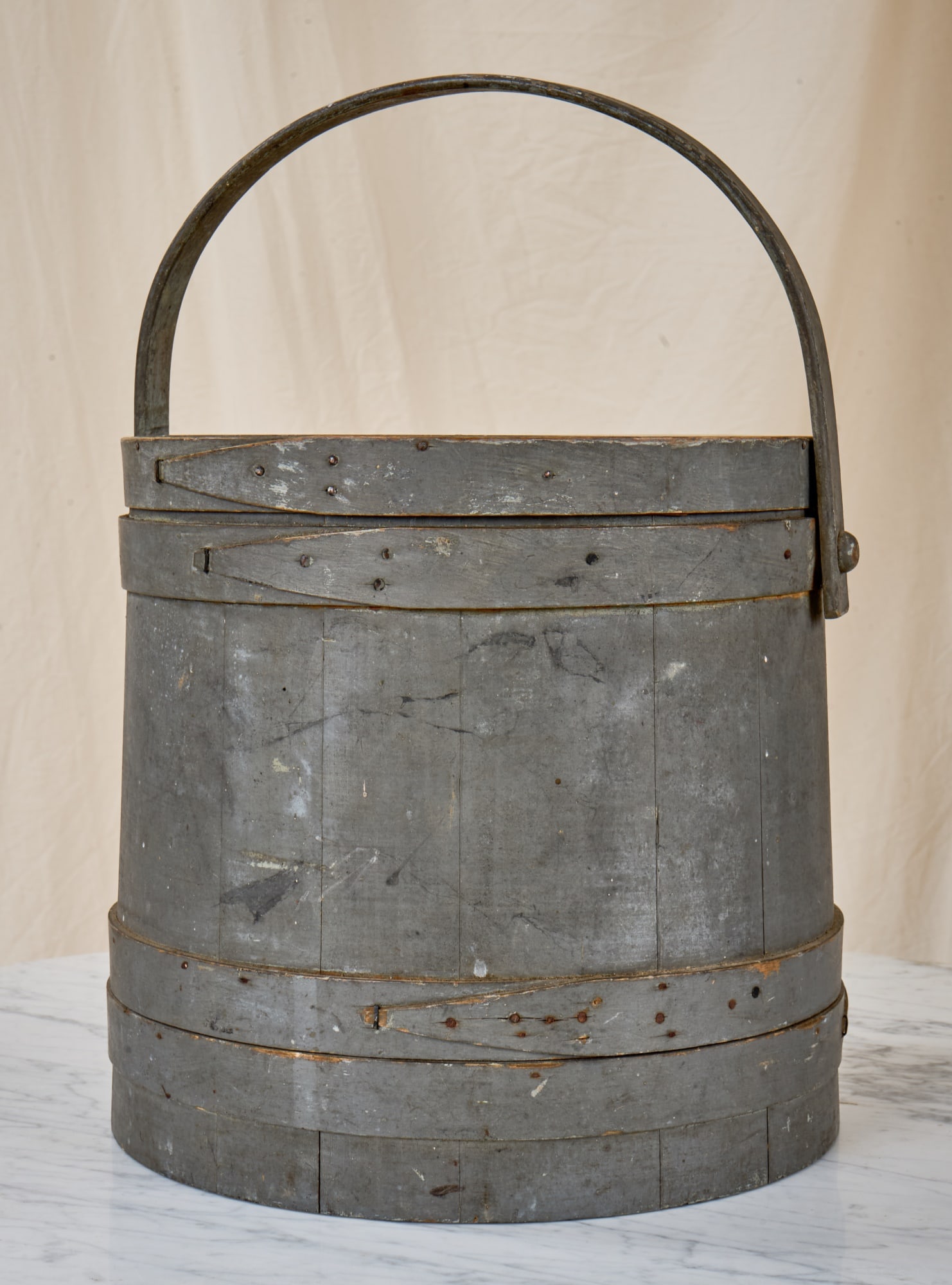 WILDER P. CLARK PINE FIRKIN in SLATE BLUE PAINT: Pine firkin with lid stamped "Wilder P. Clark" in slate blue paint. 12 x 12 1/2 inches excluding handle. Condition: Good. Temp No 8155