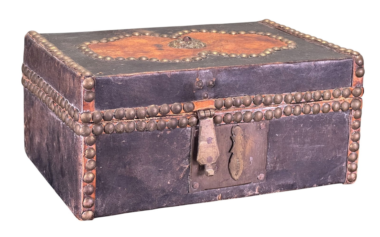 (18th/19th c) LEATHER BOUND DOCUMENT BOX: (18th/19th c) wooden box bound in two-tone leather with brass studs and applied brass rosette to lid, interior lined in a chintz fabric. 3 1/2 x 8 x 5 1/2 inches. Condition: Light wear from use & age.