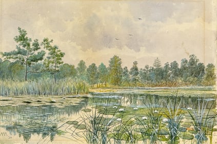 (19thc) AMERICAN SCHOOL "POND w LILY PADS"