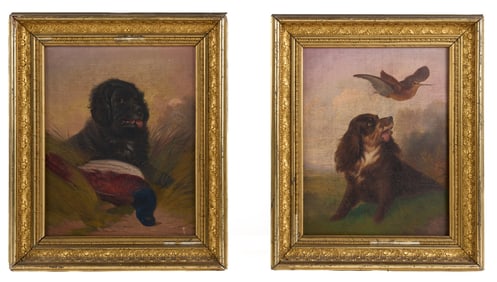 (2) VICTORIAN HUNTING DOG OIL on CANVAS PAINTINGS
