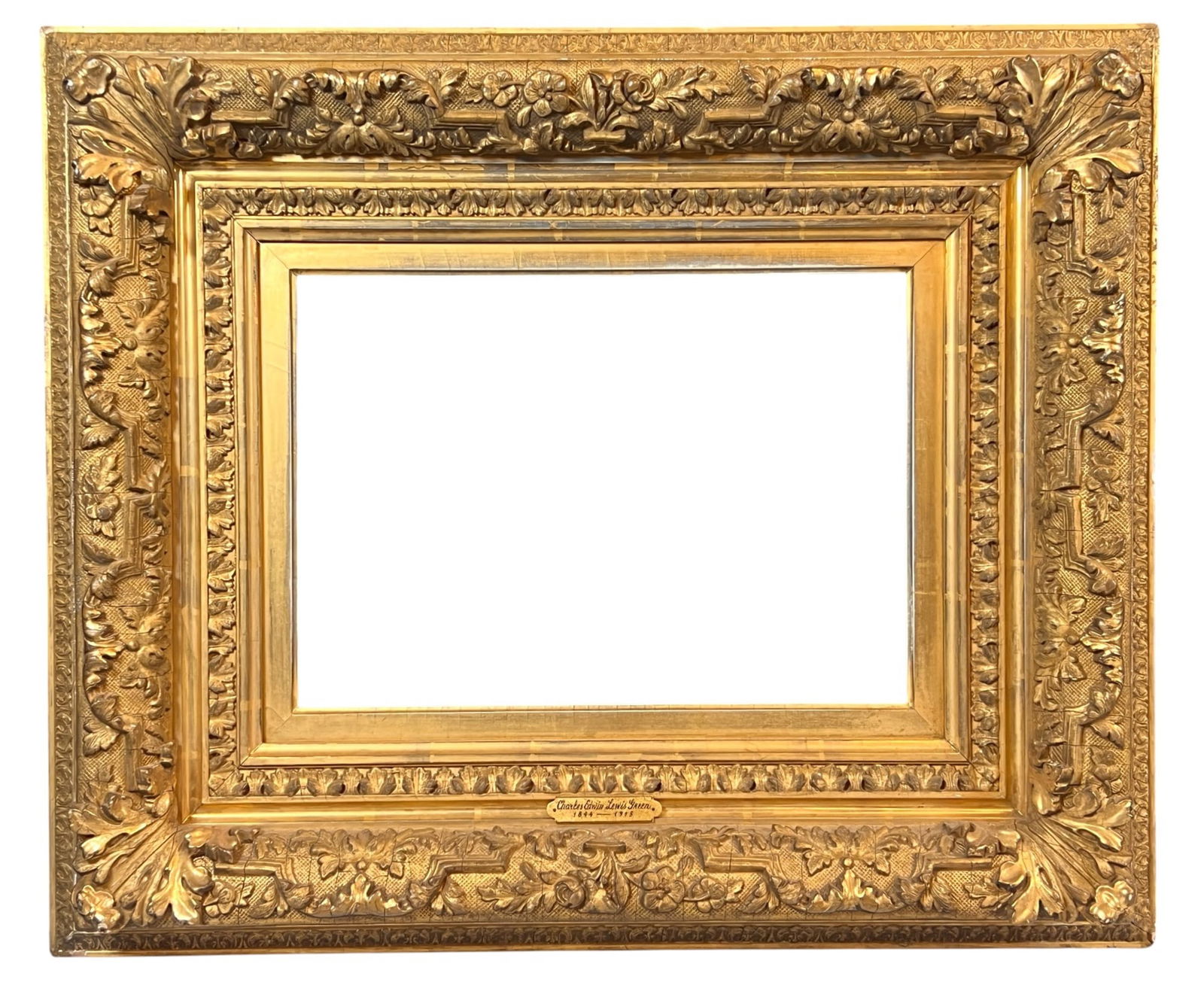 (19th c) ORNATE GILT FRAME: Gilt gesso with wire mesh diaper ground with leaf and plane liners 2 1/2 inch frame with 1 3/4 and 1 inch liners fitted for 10 x 14 inch painting. overall outside dimension measures 20 1/2 x 24 1/2 in