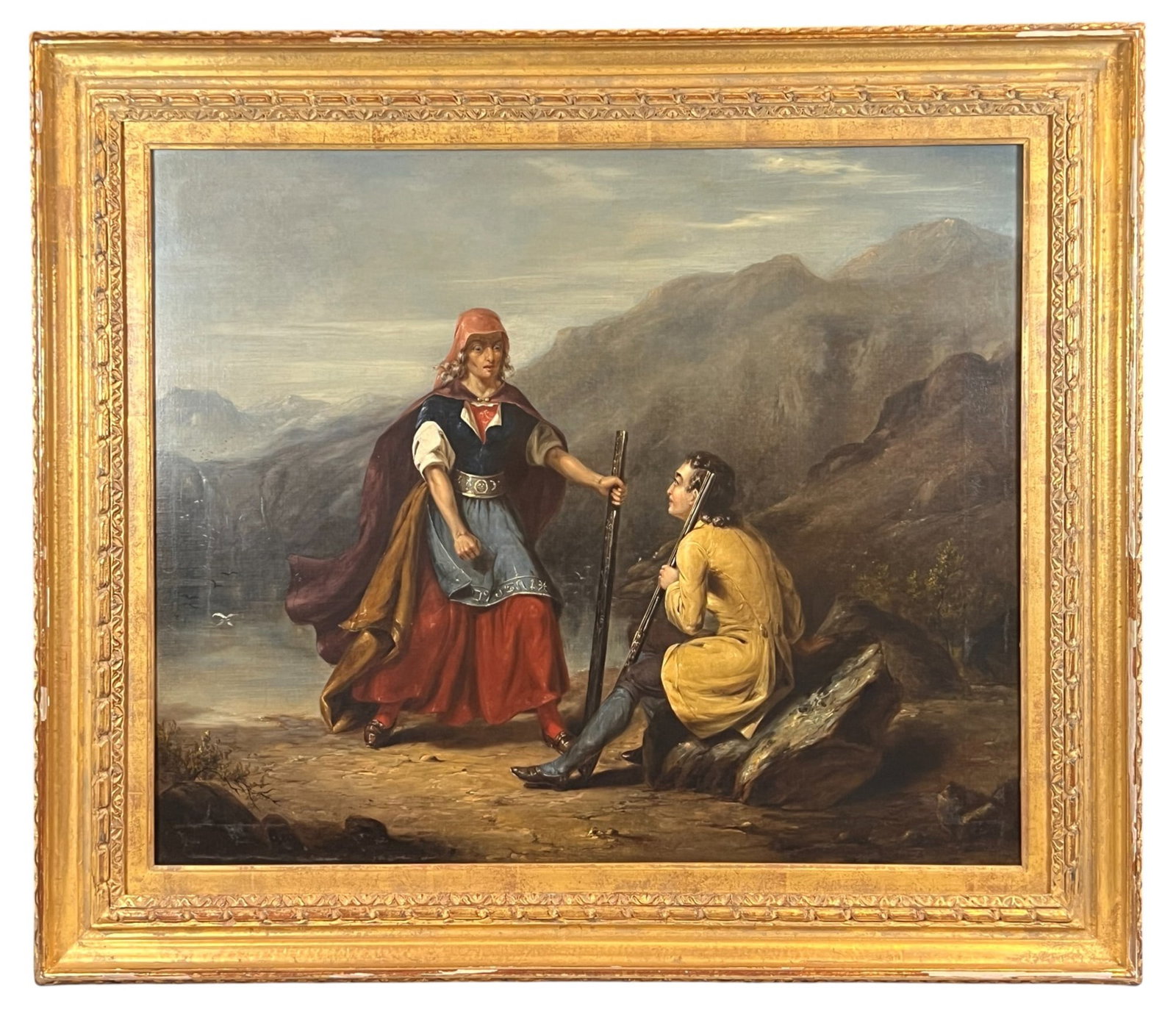 (19th c) ALLEGORY: Traveler in the Wilderness -Having a Vision ?. oil on canvas 25 x 30 inches. signed Mason 1855. framed 32 x 38 inches (overall) Condition: Lined, good Temp No 8508Vose