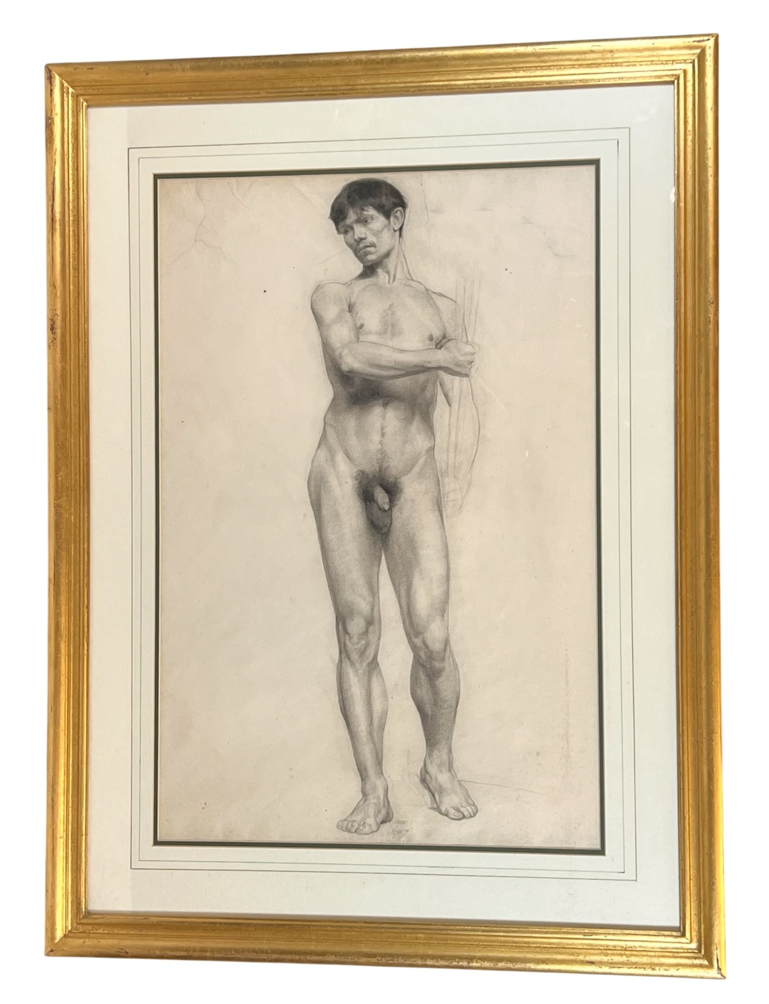 ATTRIBUTED to WALTER GRIFFIN (1861-1935): Gesture Drawing of a Nude Male. graphite and charcoal on paper. 24 x 16 inches. unsigned. framed 33 x 24 1/2 inches (overall) Condition: Creasing, small tears, pigment displacement Temp No 8510Vose