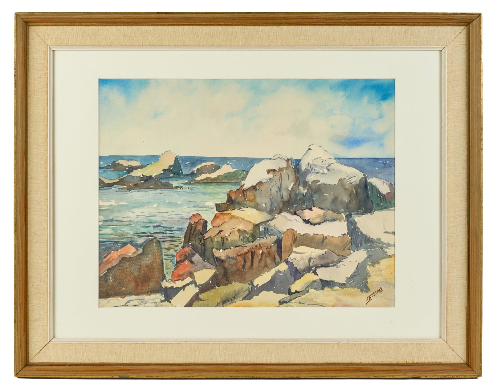 JAMES M. SESSIONS (1882-1962): "Rocks at Rye / Rye, NH 1952" watercolor 13 3/4 x 17 3/4 inches. signed, titled on label verso, framed 22 x 28 inches (overall) Condition: Good Temp No 7069ar