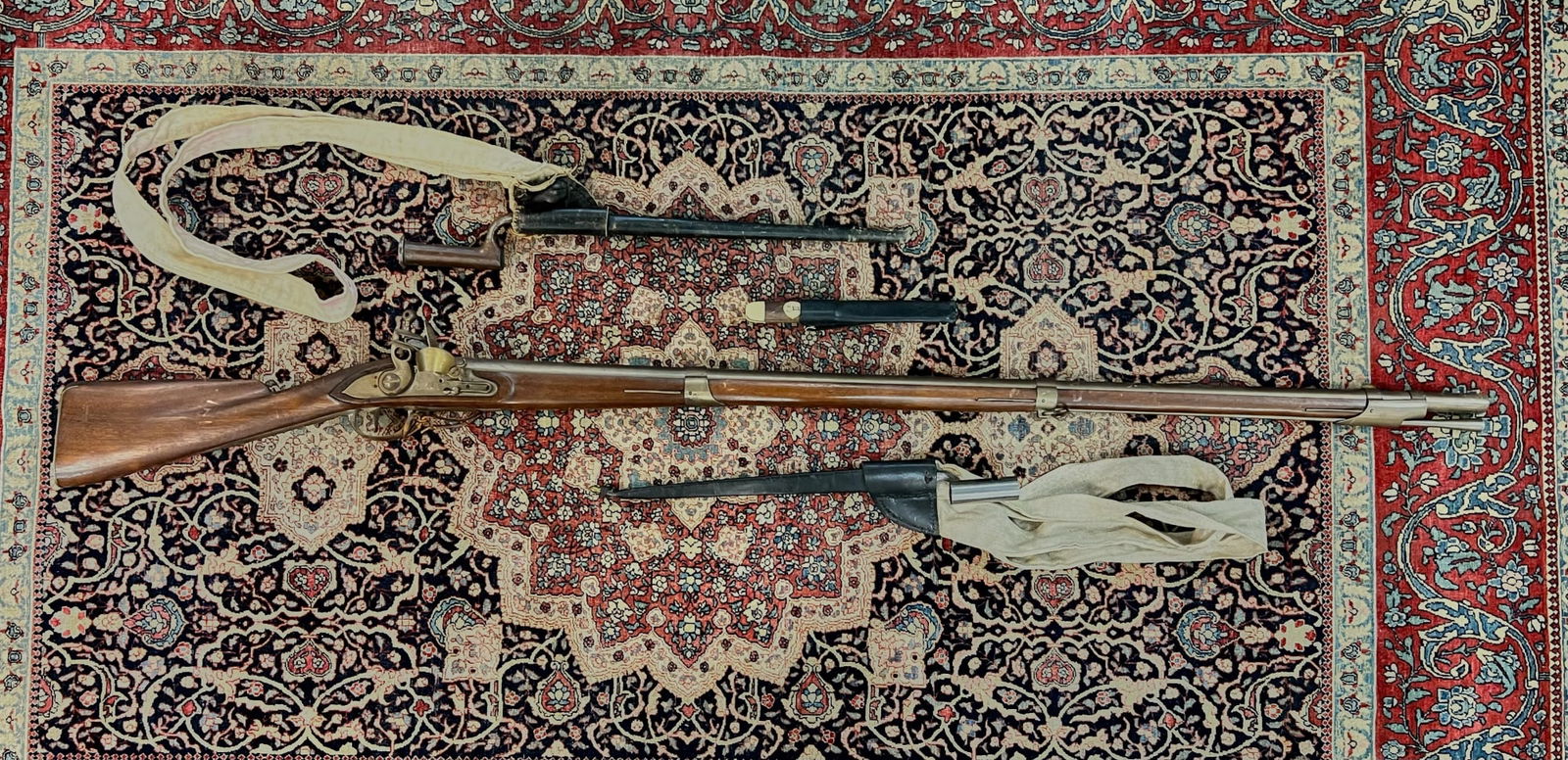 DIXIE GUN WORKS "CHARLEVILLE" MUSKET: Barrel 44 1/2 inches and 59 1/2 inches (overall). Together with (2) bayonets and reproduction unsharpened knife Condition: Light oxidation Temp No 8305