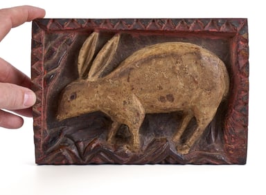 (19th c) PAINTED RELIEF CARVING of a RABBIT