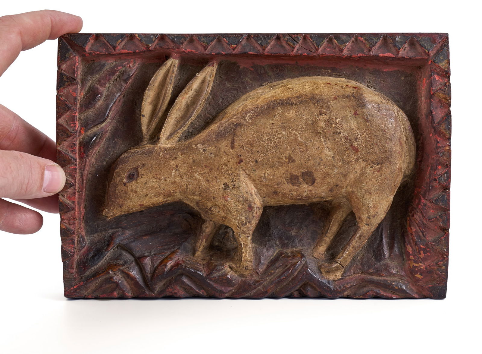(19th c) PAINTED RELIEF CARVING of a RABBIT (1 of 9)