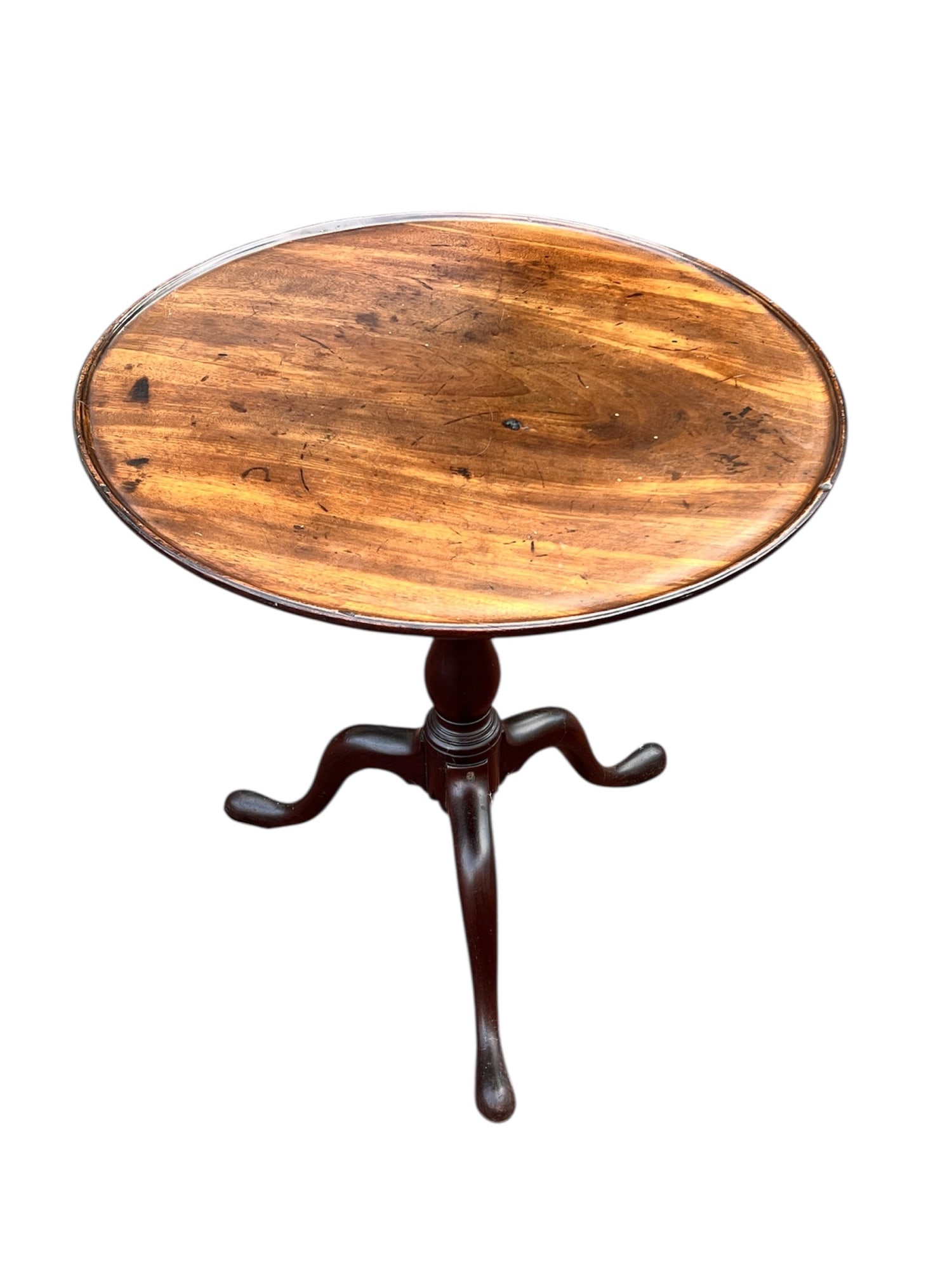 QUEEN ANNE MAHOGANY BIRDCAGE TILT TOP TABLE: With dished top. 40 1/2 (open) x 25 1/4 inches Condition: Bumps, repair to leg, losses, etc. See photos. Temp No 8348