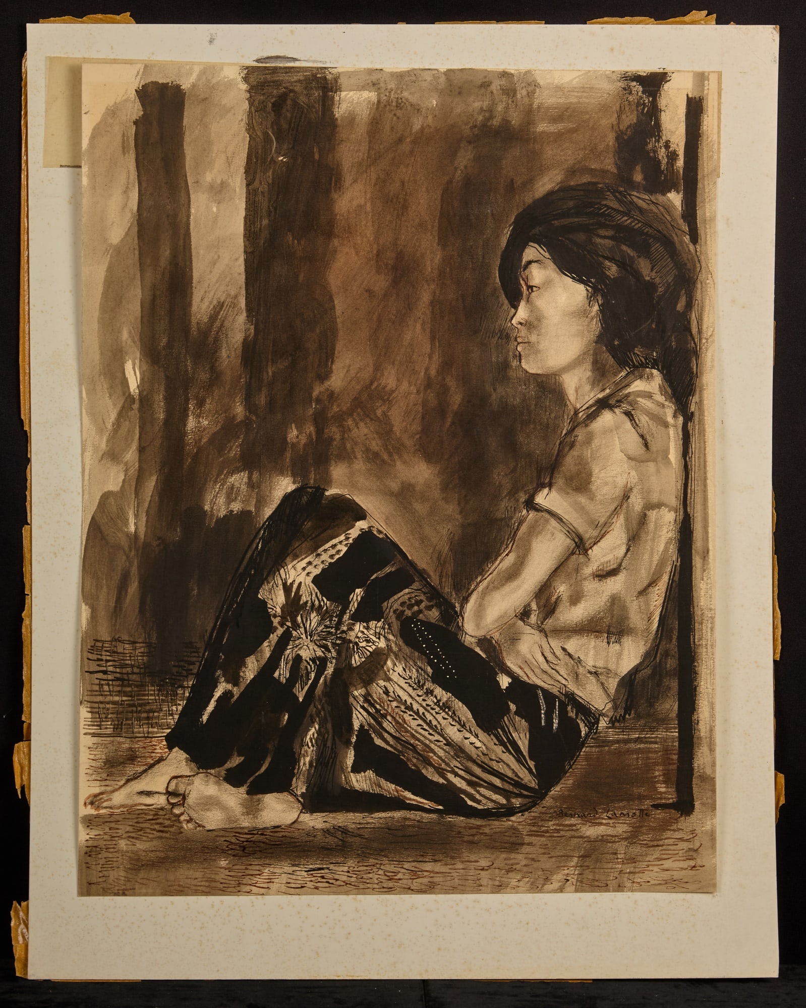 TAHITIAN WOMAN - BERNARD LAMOTTE (1903-1983): Tahitian Woman Seated with Crossed Arms. watercolor 24 x 19 inches (image) signed. Condition: Good, tacked to paperboard along top edge Temp No 8