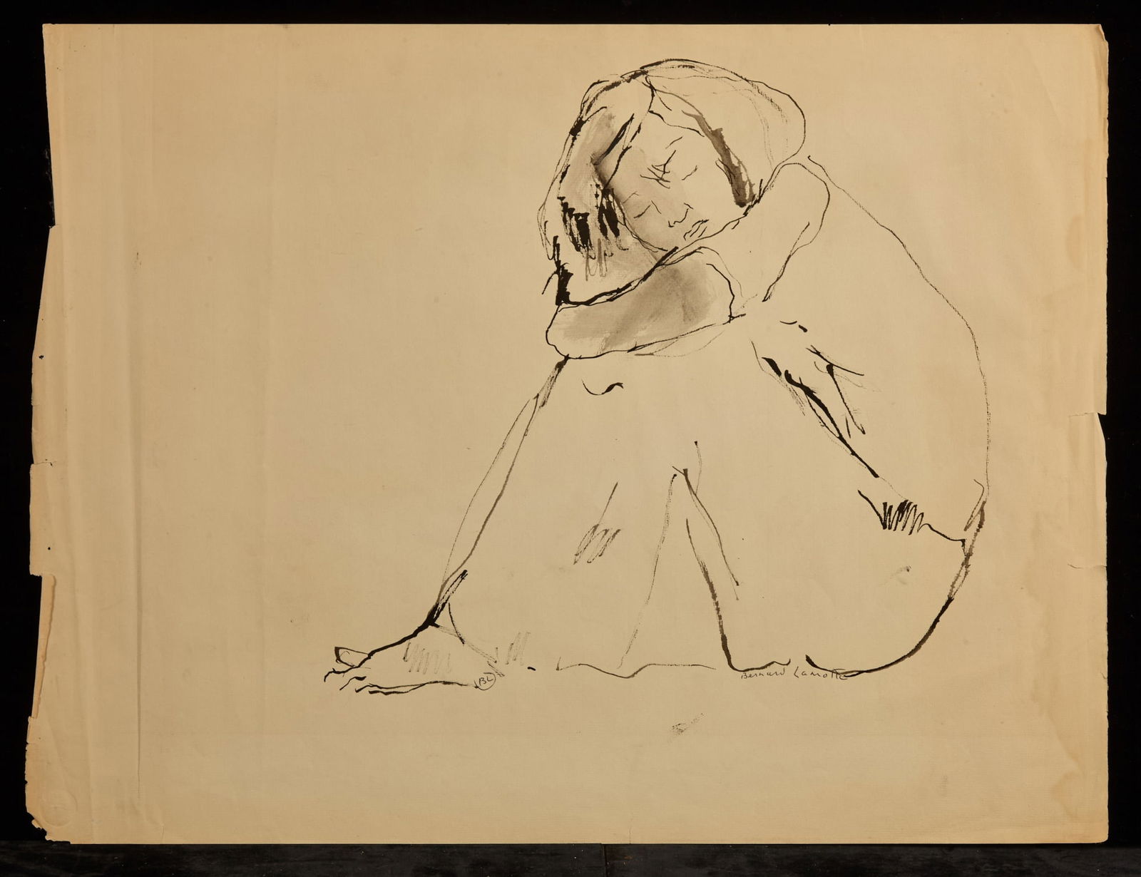 TAHITIAN WOMAN - BERNARD LAMOTTE (1903-1983): Tahitian Woman at Rest. pen and ink 19 x 29 inches (sheet). signed twice. Condition: Folds and tears do not appear to affect image. Temp No 10