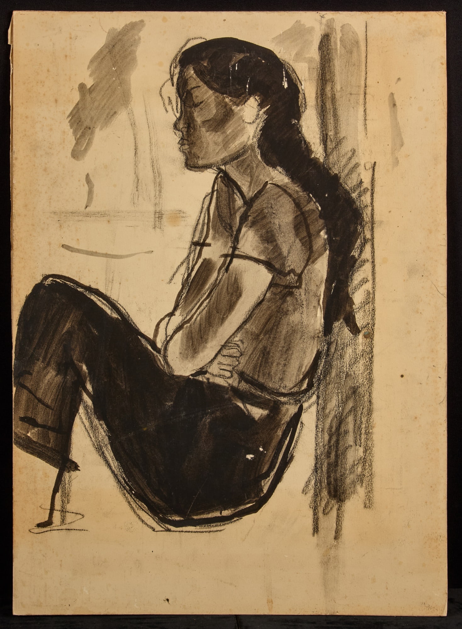 TAHITIAN WOMAN - BERNARD LAMOTTE (1903-1983): Tahitian Woman at Rest. ink wash on paper board 20 1/2 x 15 inches (sheet). unsigned Condition: Surface grime Temp No 11