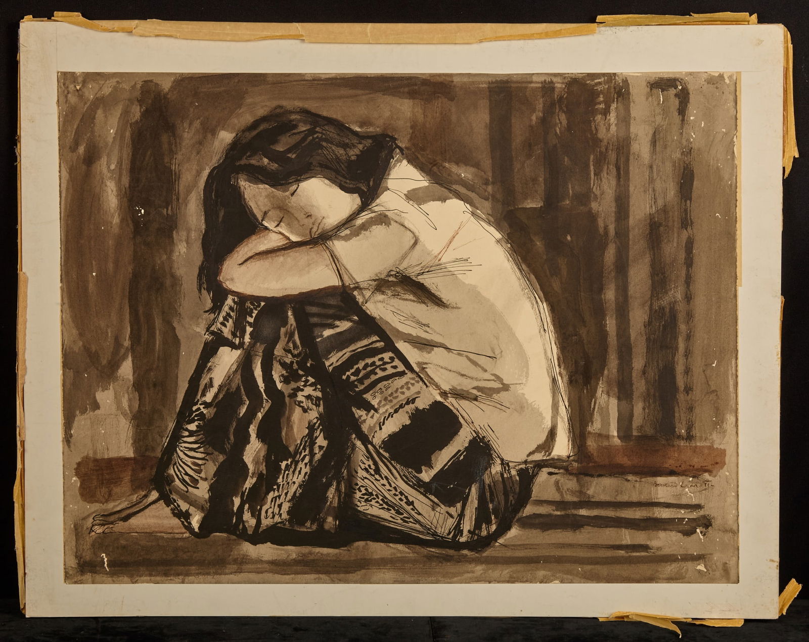 TAHITIAN WOMAN - BERNARD LAMOTTE (1903-1983): Tahitian Woman Seated at Rest. watercolor 19 x 24 inches (image) signed. Condition: Good, laid to paperboard Temp No 12