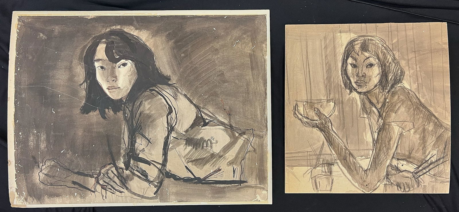 THAI WOMAN - BERNARD LAMOTTE (1903-1983) Two Works: Resting on Elbows and Holding up a Bowl. watercolor and pastel with ink wash. 18 1/2 x 25 inches and 17 x 16 inches. unsigned. Condition: Laid to board, scattered abrasions, Temp No 14