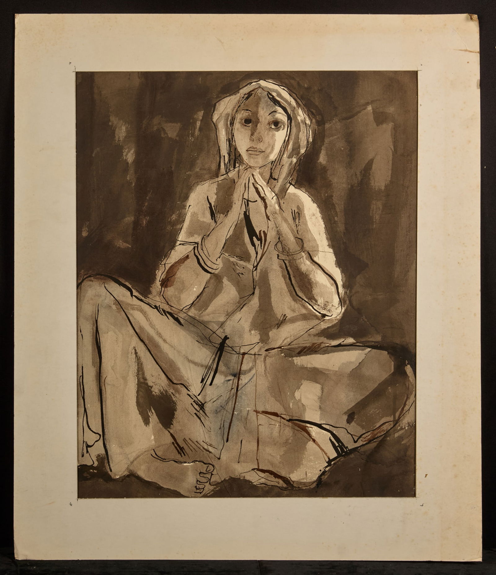 ASIAN WOMAN - BERNARD LAMOTTE (1903-1983): Seated Woman with Chin Resting on Fingertips. Watercolor, ink and ink wash on paperboard 22 x 17 1/2 inches. unsigned. Condition: Good Temp No 15