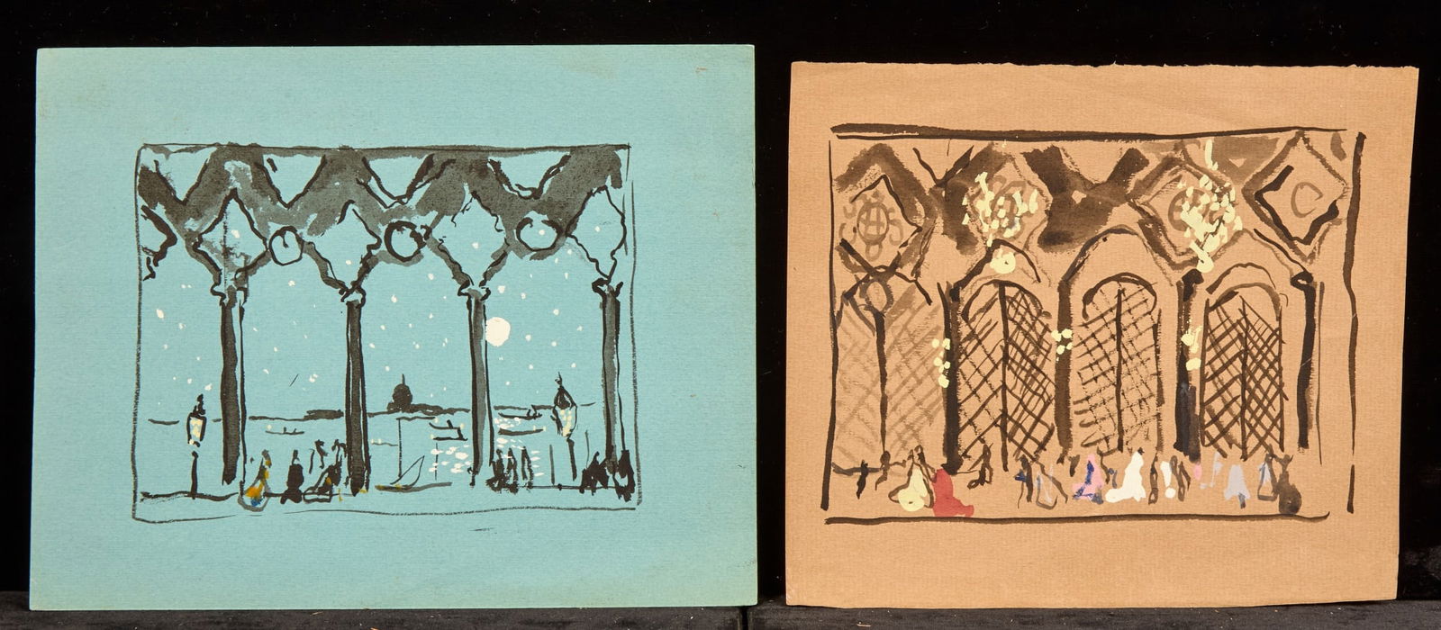 BALLROOM & VENETIAN ARCADE - BERNARD LAMOTTE: Watercolor on colored paper. 6 1/2 x 8 inches (and slightly smaller) Condition: Good, soft folds Temp No 20