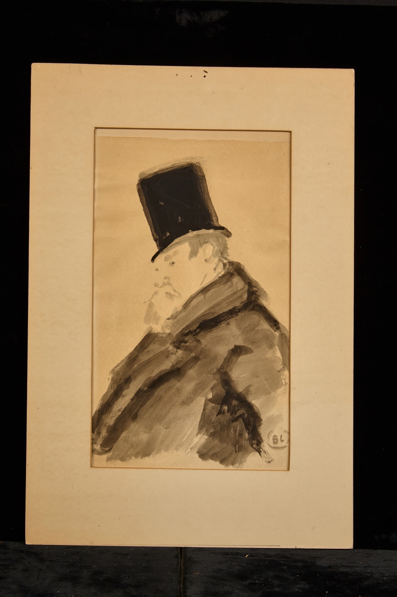 DISTIGUISHED MAN in TOP HAT - BERNARD LAMOTTE: Watercolor and ink wash on paper. 13 x 7 1/2 inches. signed matted 18 x 12 1/2 inches (overall) Condition: Toning Temp No 22