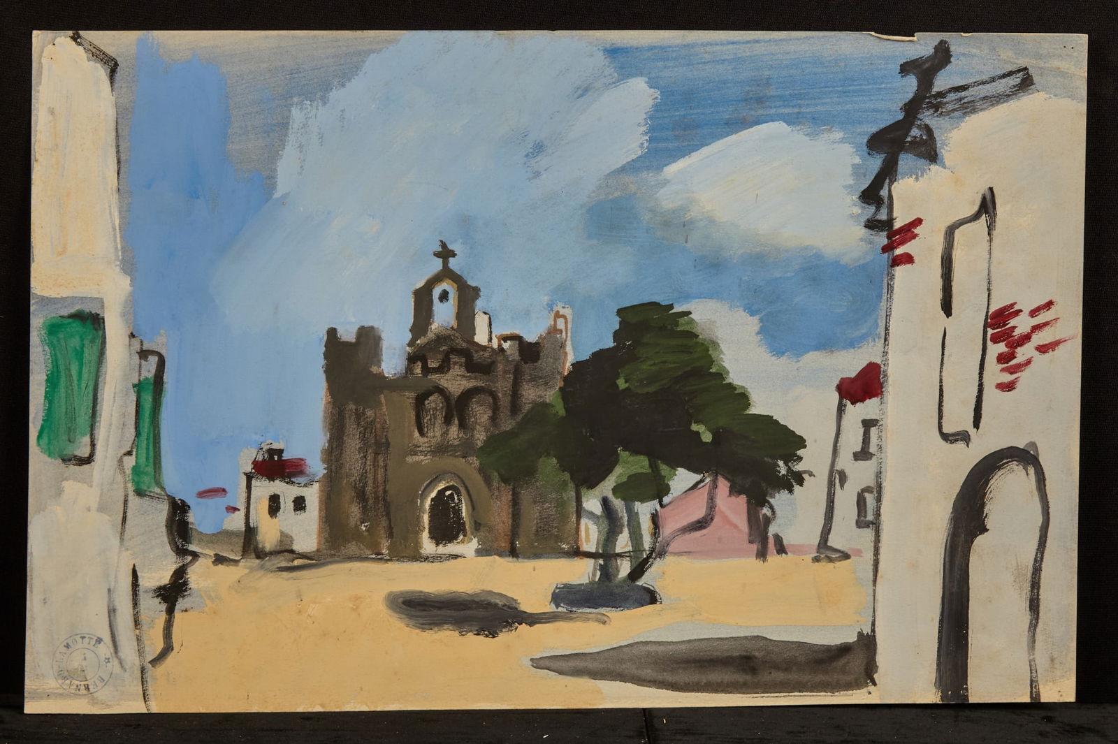 CHURCH PLAZA / MURAL STUDY - BERNARD LAMOTTE: Gouache 13 x 19 3/4 inches. estate stamped Condition: Good Temp No 30