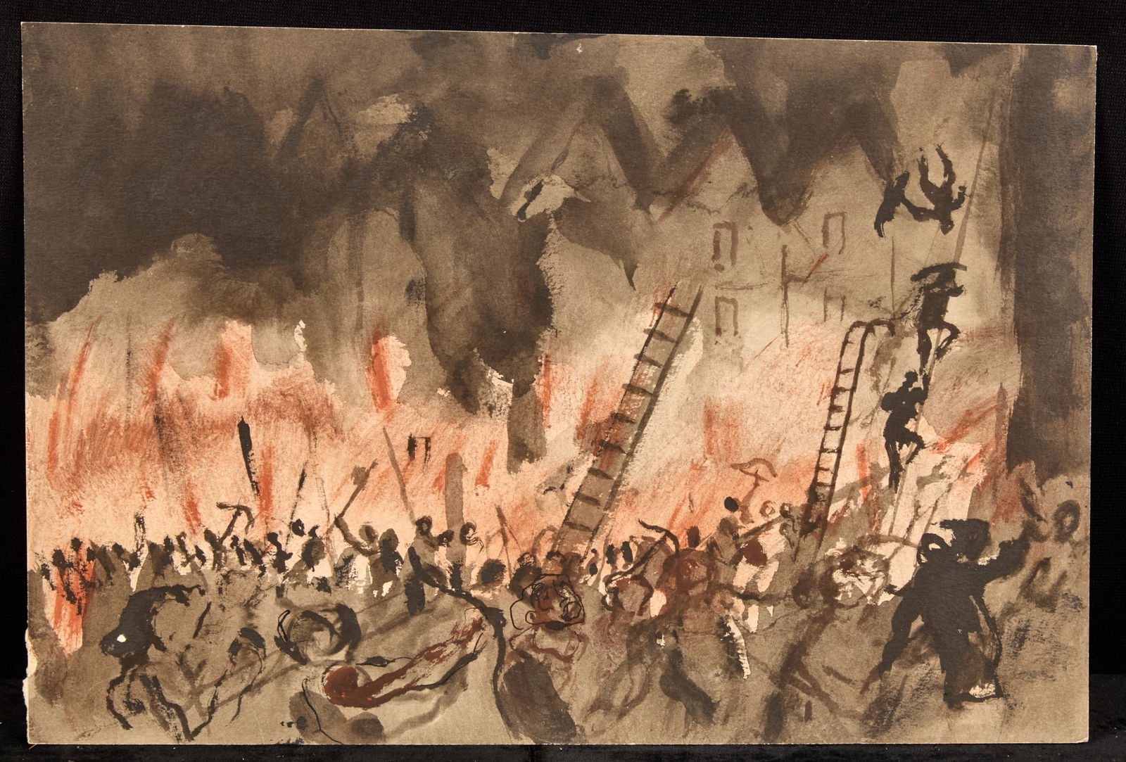 RIOTING / HUNCHBACK SERIES - BERNARD LAMOTTE: Watercolor on paper 9 3/4 x 14 1/2 inches. estate stamp verso Condition: Good Temp No 36