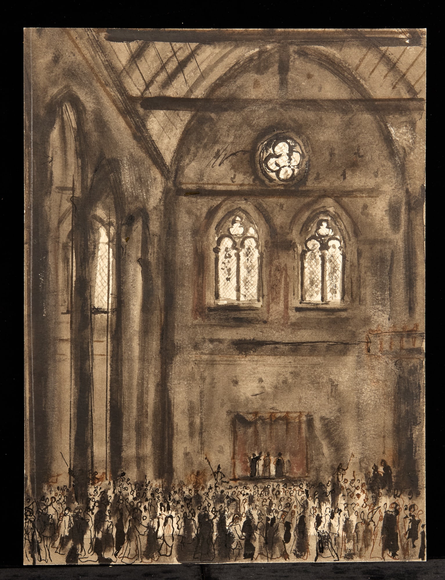 NOTRE DAME INTERIOR / HUNCHBACK SERIES - LAMOTTE: Watercolor, pen and ink on paper. 12 1/2 x 9 1/2 inches. estate stamp verso. Condition: Good Temp No 39
