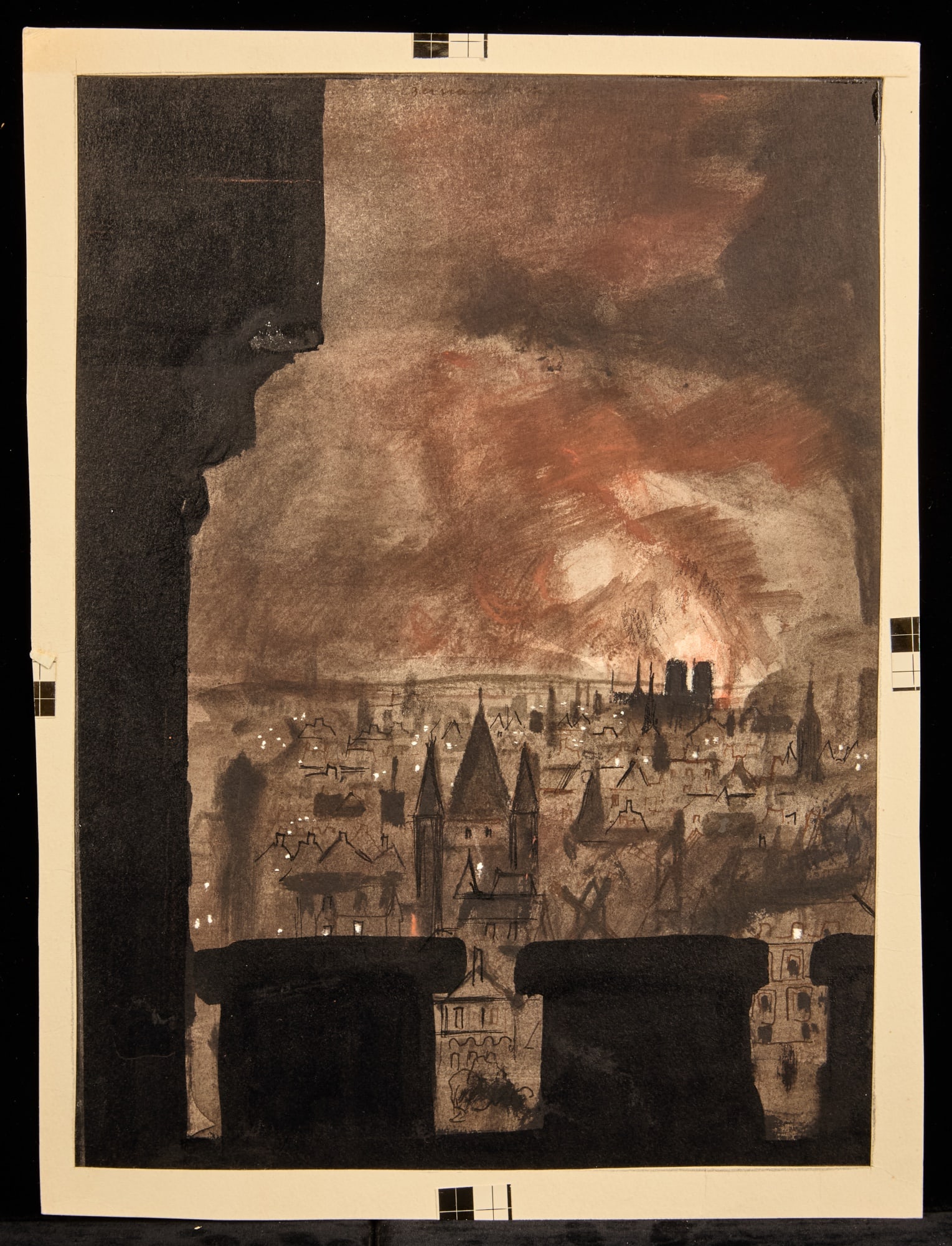 PARIS PANORAMA / HUNCHBACK SERIES - LAMOTTE: "Burning of the Bastille" Watercolor on paper. 13 x 10 inches (overall) estate stamp verso. Condition: Good Temp No 41