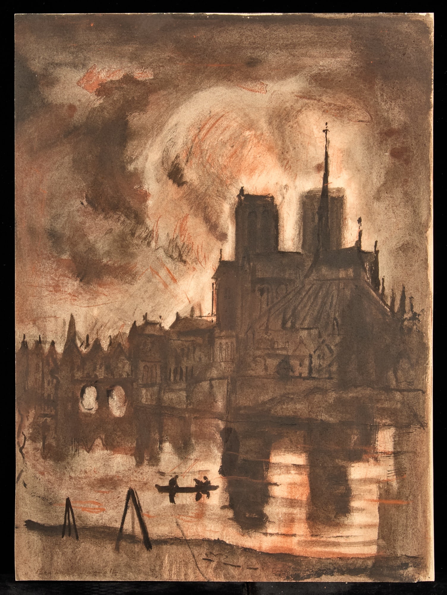 NOTRE DAME with FLAMES/ HUNCHBACK SERIES - LAMOTTE: Watercolor on paper 14 1/2 x 10 1/2 inches. estate stamp verso Condition: Good Temp No 53