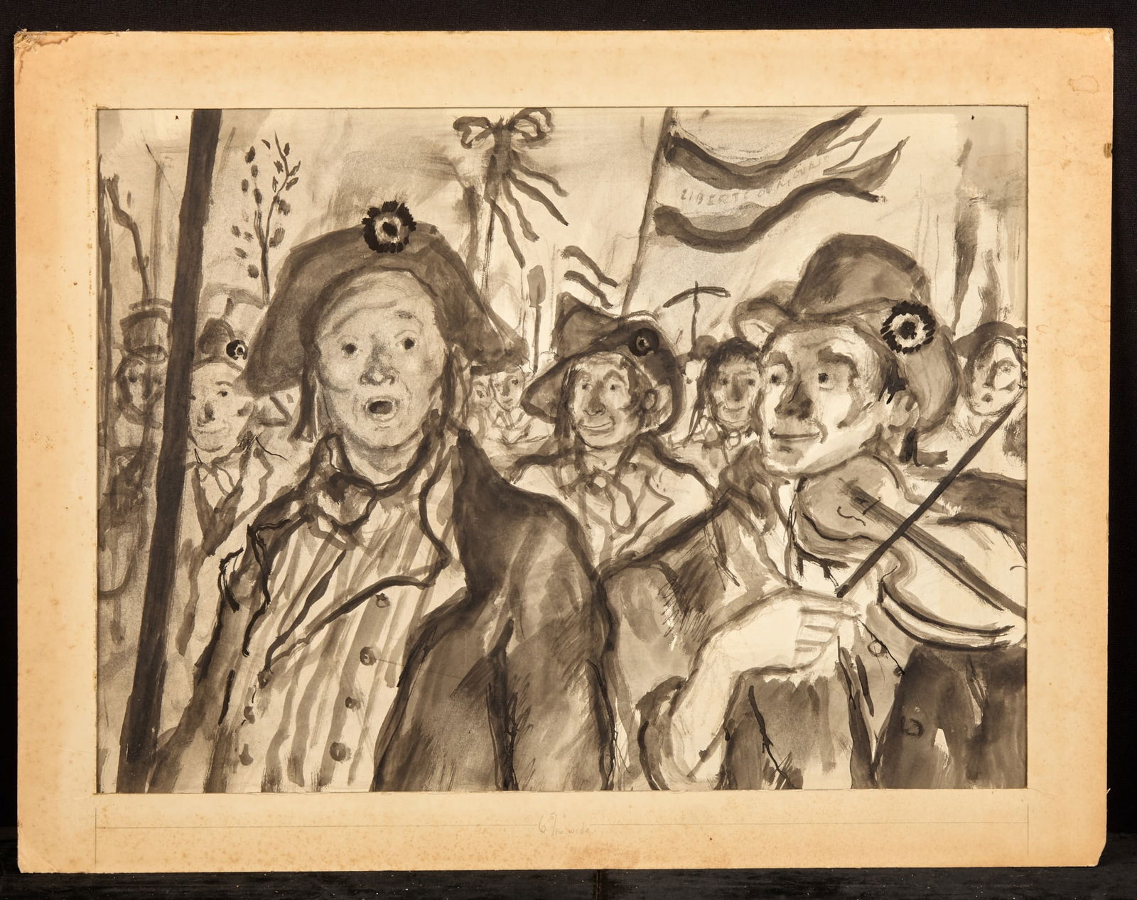 LIVRE I 82-83 / HUNCHBACK SERIES - BERNARD LAMOTTE: Liberty Parade. Watercolor on paper board 14 x 19 inches. annotated verso. matted 17 x 22 1/2 inches (overall) Condition: Good Temp No 59