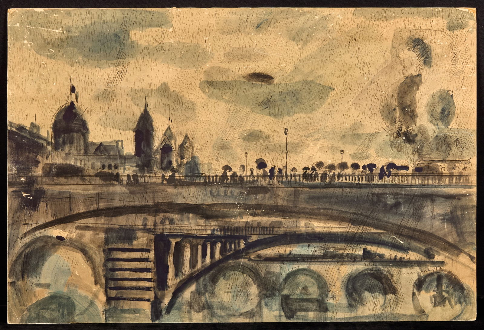 PARISIANS CROSSING BRIDGE in RAIN-BERNARD LAMOTTE (1 of 6)