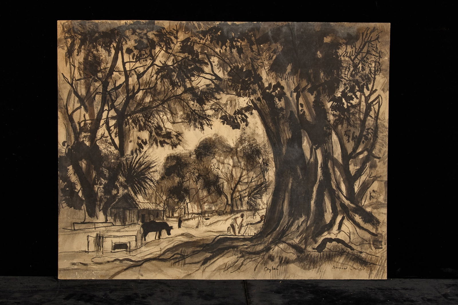 "CEYLAN" - BERNARD LAMOTTE: Watercolor, ink wash on paper board 17 x 22 inches. signed and titled Condition: Surface grime, small scattered abrasions Temp No 74