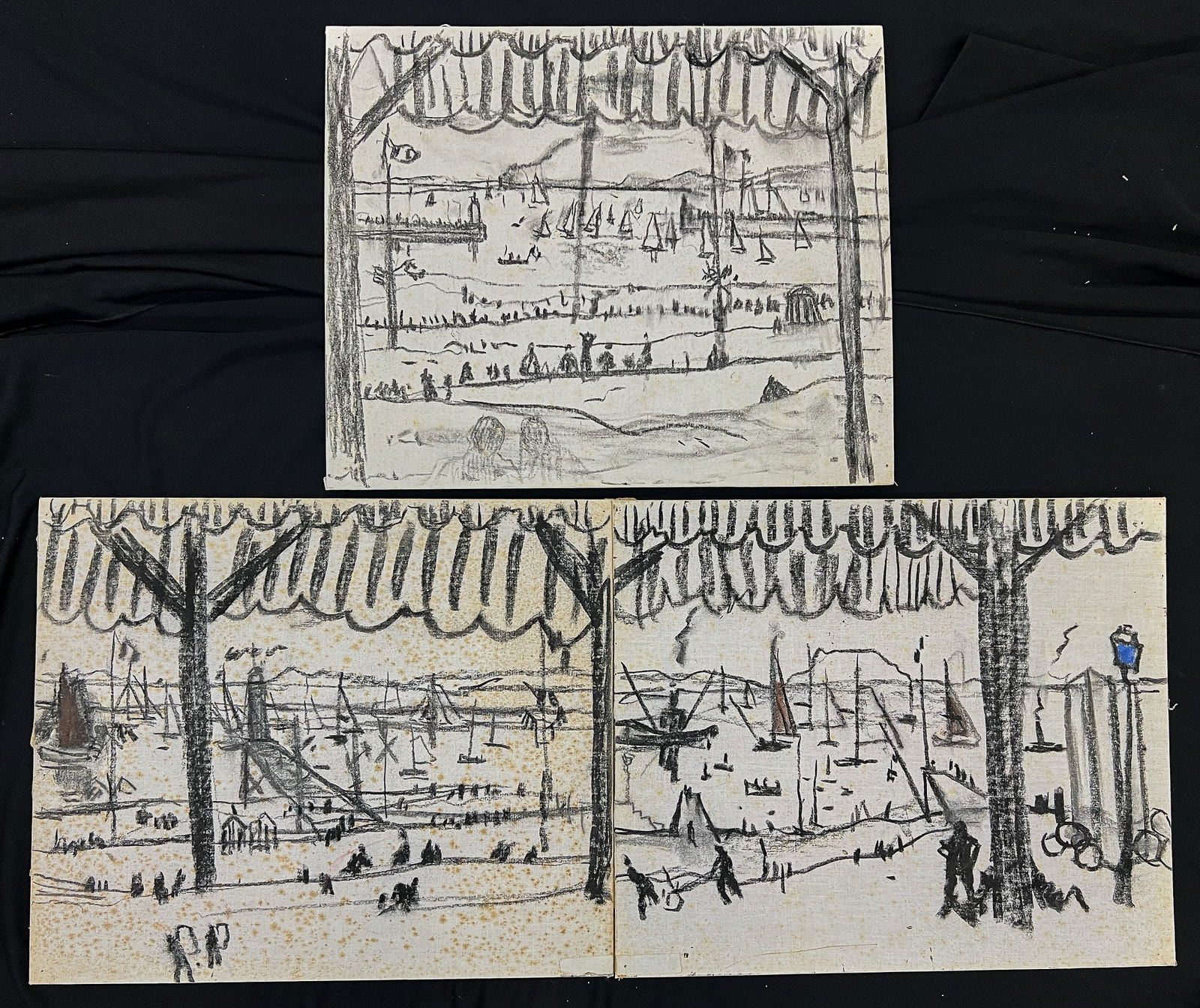 TRIPTYCH MURAL STUDY -BERNARD LAMOTTE: Oil on canvas board 18 x 21 1/2 (each) Condition: Foxing, surface grime Temp No 81