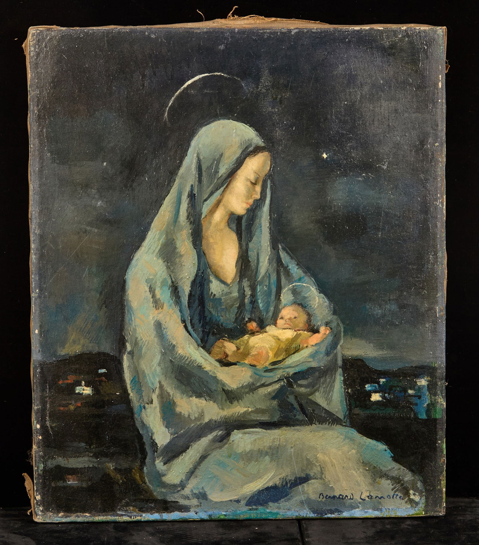 MADONNA and CHILD - BERNARD LAMOTTE (1903-1983): Nocturne setting Overlooking the Holy land with stars in the Night Sky. Oil on canvas 18 x 15 inches. signed. unframed Condition: Good. Temp No 83