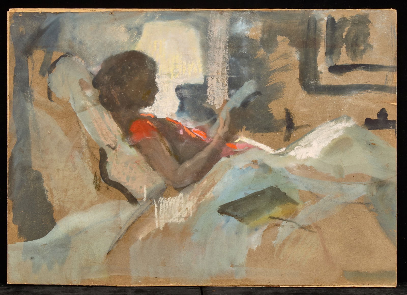 WOMAN READING in BED - BERNARD LAMOTTE: Pastel and ink wash on paper board mounted to plywood. 13 x 18 inches. unsigned. Condition: Pigment displacement Temp No 84